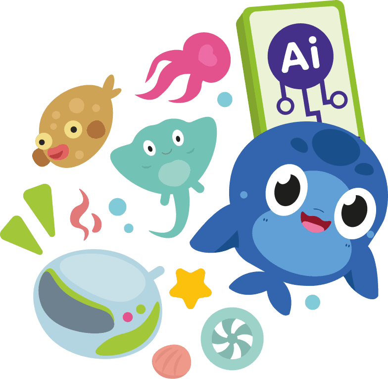 Whalio AI characters: whale and friends