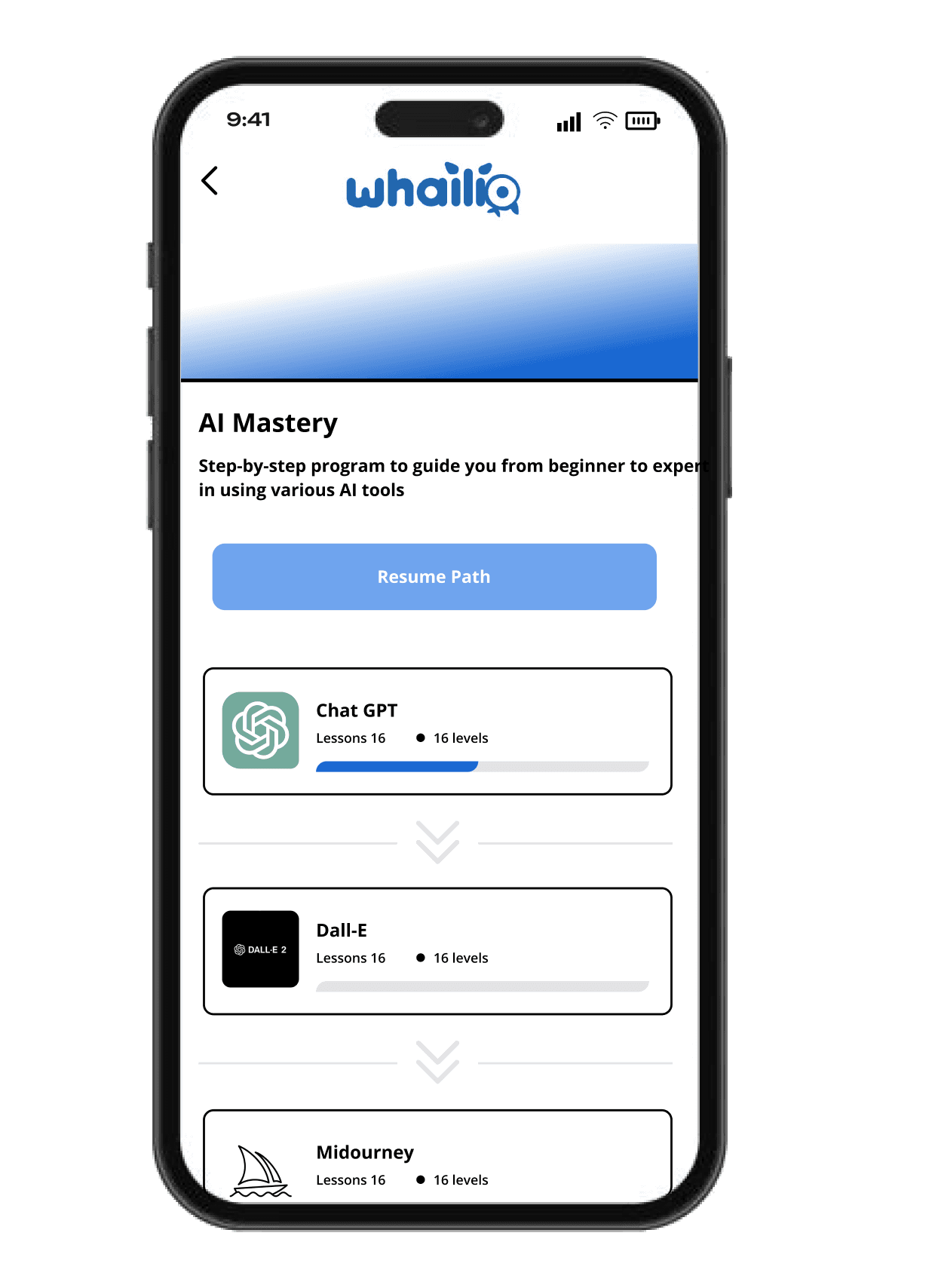 Whalio AI Mastery course on iPhone